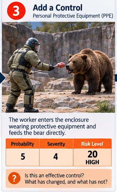 Step 3, add a control, personal protective equipment: the worker enters the enclosure wearing protective equipment and feeds the bear directly. Probability 5, severity 4, risk level 20, high. Is this an effective control? What has changed, and what has not?