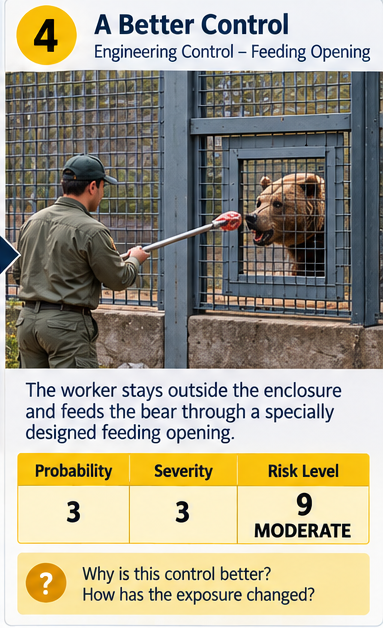 Step 4, a better control, an engineering control using a feeding opening: the worker stays outside the enclosure and feeds the bear through a specially designed feeding opening. Probability 3, severity 3, risk level 9, moderate. Why is this control better, and how has the exposure changed?
