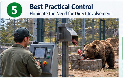 Step 5, the best practical control, eliminating the need for direct involvement: the bear is fed using a remotely operated feeding system, and the worker does not enter or approach the enclosure. Probability 1, severity 3, risk level 3, low. What other benefits can this control provide?